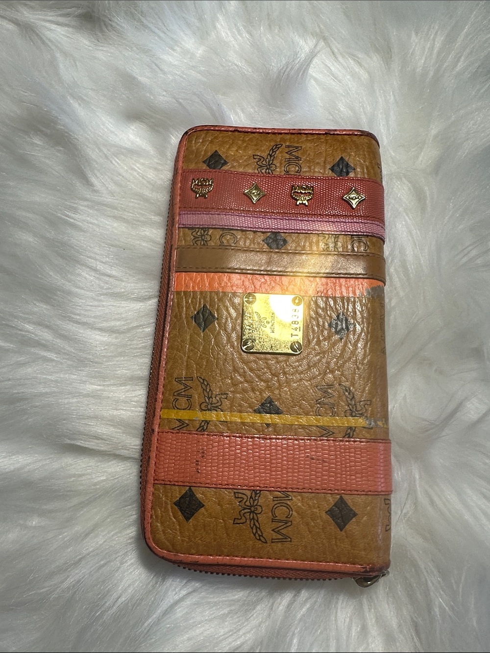 MCM Cognac Logo Zip-Around Wallet with Coral Trim